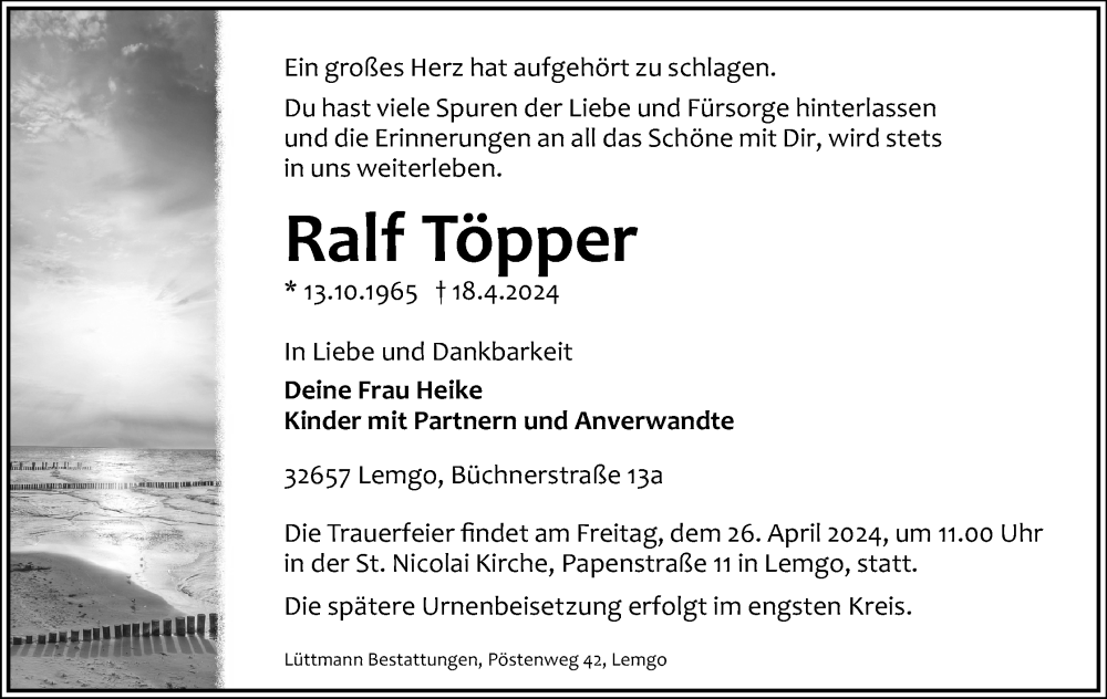  Traueranzeige für Ralf Töpper vom 23.04.2024 aus Lippische Landes-Zeitung