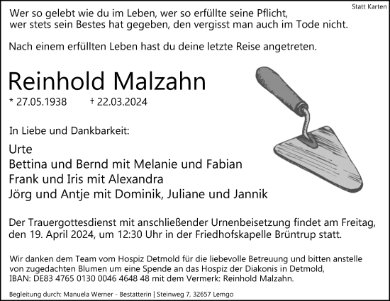 Anzeige  Reinhold Malzahn  Lippische Landes-Zeitung