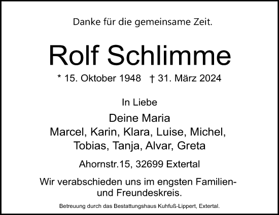 Anzeige  Rolf Schlimme  Lippische Landes-Zeitung