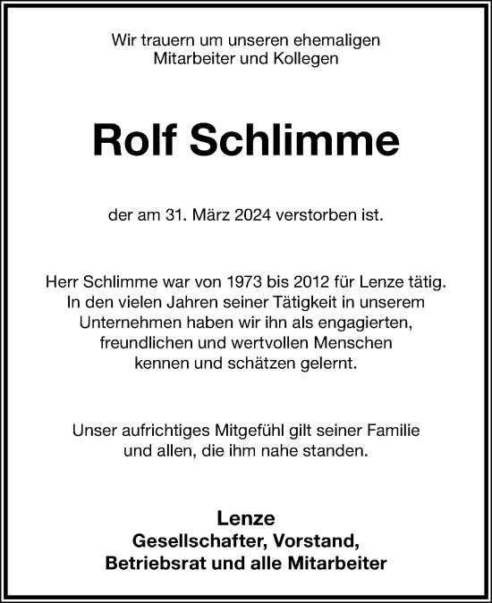 Anzeige  Rolf Schlimme  Lippische Landes-Zeitung