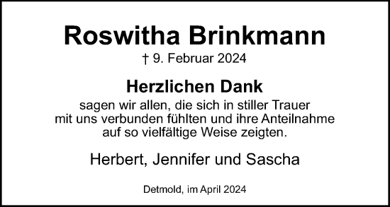 Anzeige  Roswitha Brinkmann  Lippische Landes-Zeitung
