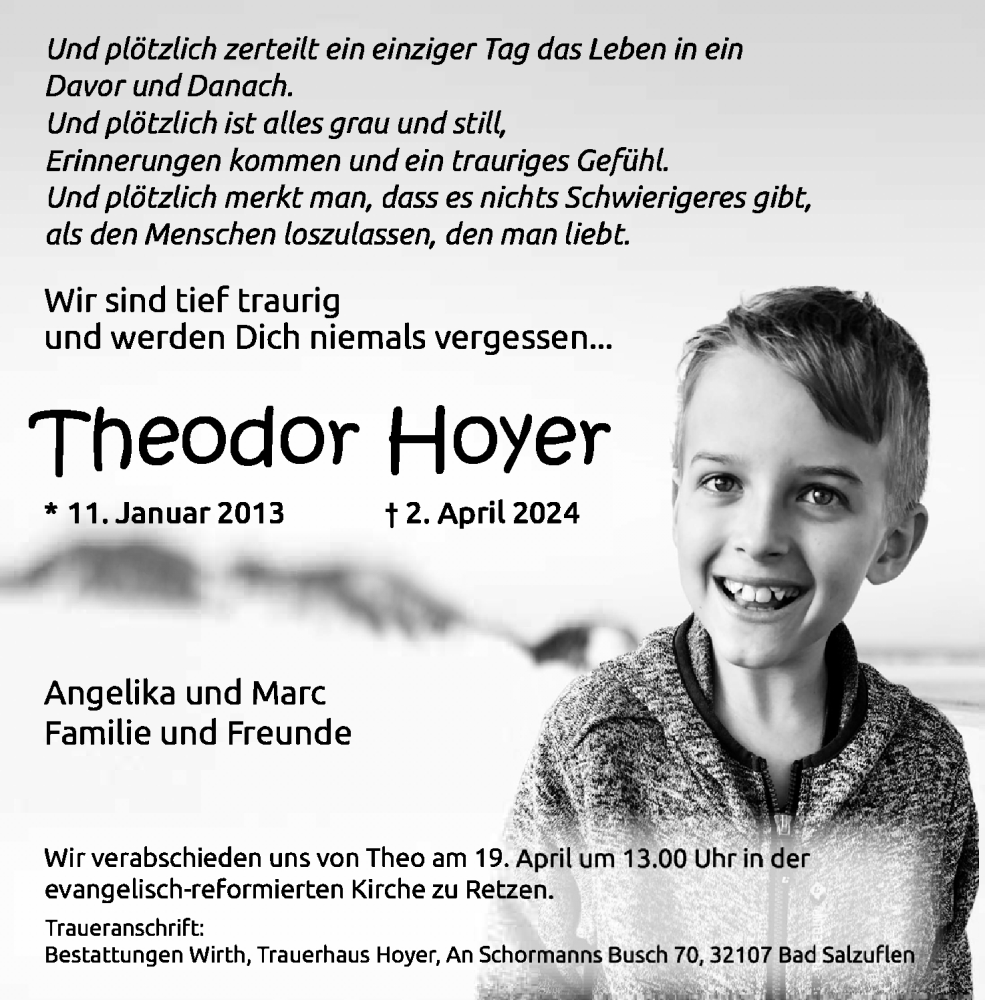  Traueranzeige für Theodor Hoyer vom 13.04.2024 aus Lippische Landes-Zeitung