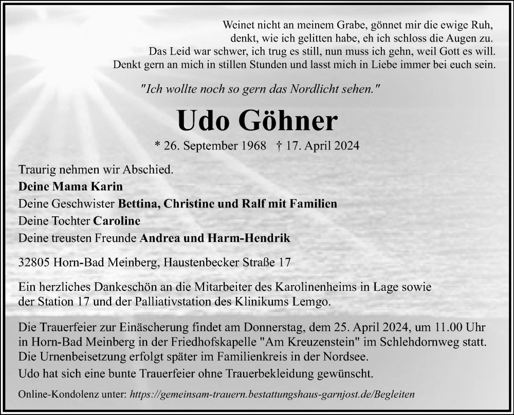  Traueranzeige für Udo Göhner vom 20.04.2024 aus Lippische Landes-Zeitung