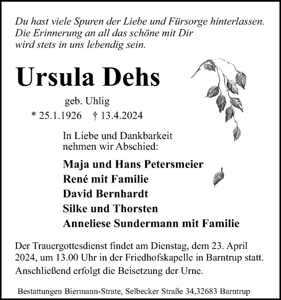 Anzeige  Ursula Dehs  Lippische Landes-Zeitung