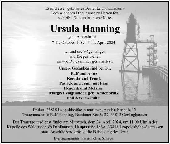 Anzeige  Ursula Hanning  Lippische Landes-Zeitung
