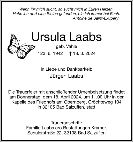 Anzeige  Ursula Laabs  Lippische Landes-Zeitung