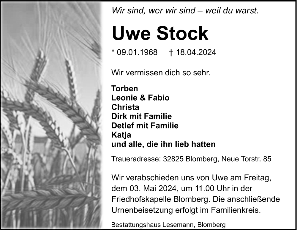  Traueranzeige für Uwe Stock vom 27.04.2024 aus Lippische Landes-Zeitung