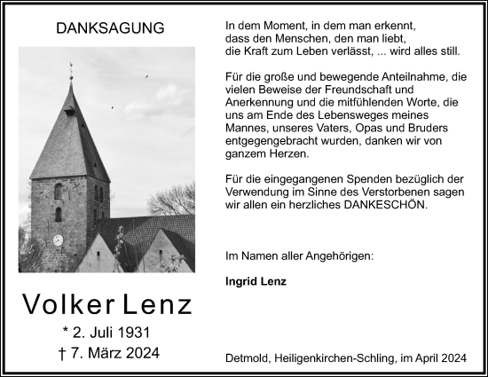 Anzeige  Volker Lenz  Lippische Landes-Zeitung