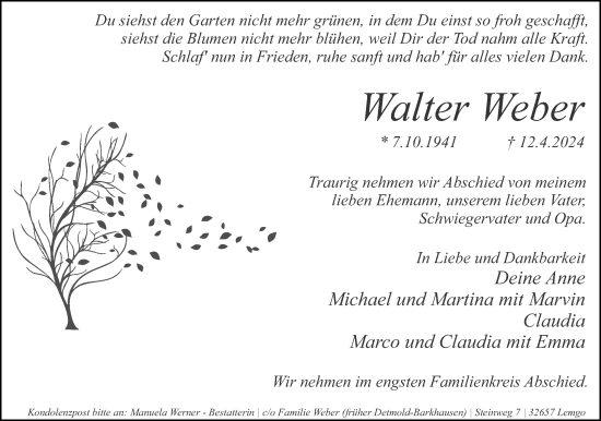 Anzeige  Walter Weber  Lippische Landes-Zeitung
