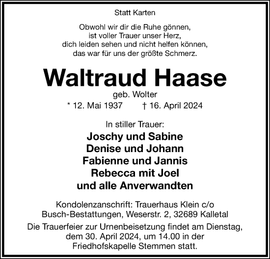 Anzeige  Waltraud Haase  Lippische Landes-Zeitung