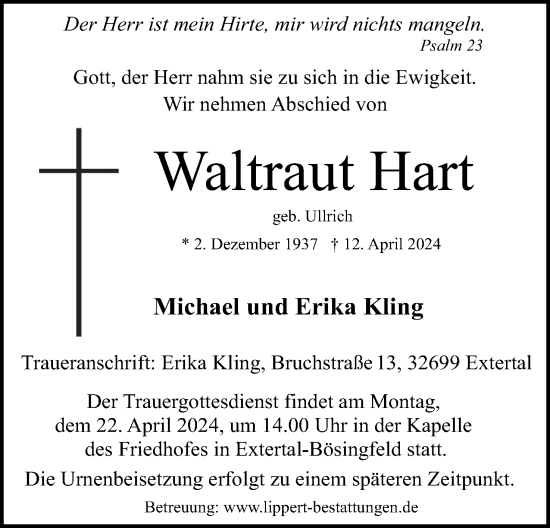 Anzeige  Waltraut Hart  Lippische Landes-Zeitung