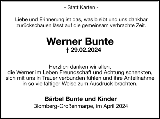 Anzeige  Werner Bunte  Lippische Landes-Zeitung