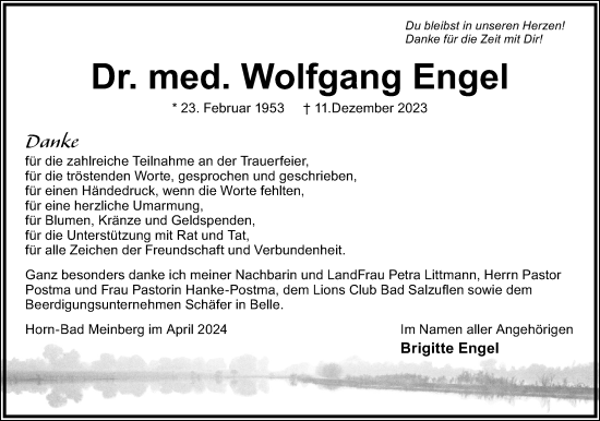 Anzeige  Wolfgang Engel  Lippische Landes-Zeitung