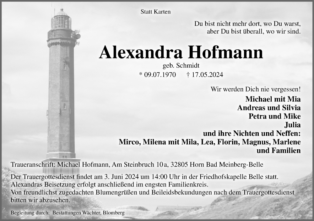  Traueranzeige für Alexandra Hofmann vom 25.05.2024 aus Lippische Landes-Zeitung