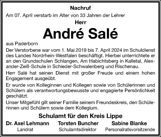 Anzeige  Andre Sale  Lippische Landes-Zeitung