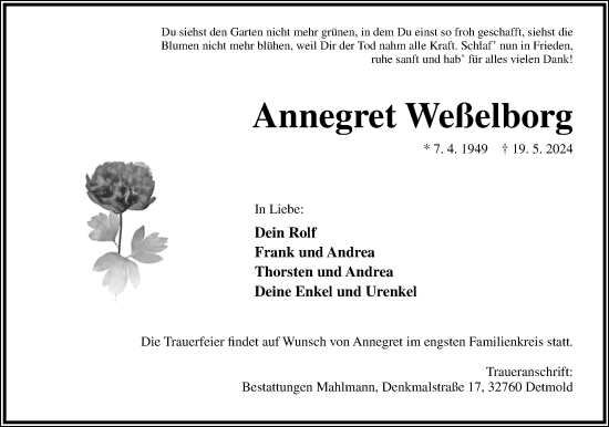 Anzeige  Annegret Weßelborg  Lippische Landes-Zeitung