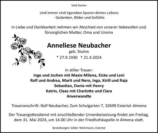 Anzeige  Anneliese Neubacher  Lippische Landes-Zeitung
