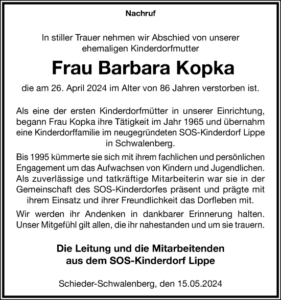 Anzeige  Barbara Kopka  Lippische Landes-Zeitung