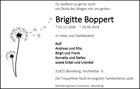 Anzeige  Brigitte Boppert  Lippische Landes-Zeitung