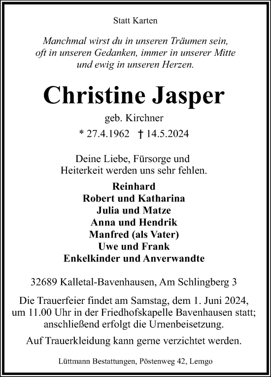 Anzeige  Christine Jasper  Lippische Landes-Zeitung