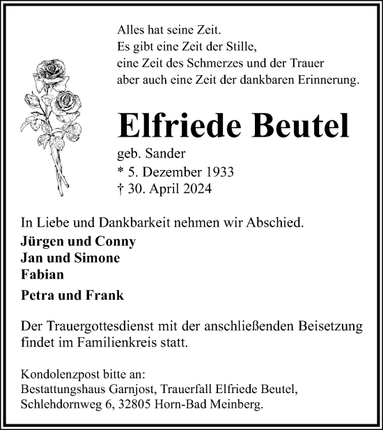 Anzeige  Elfriede Beutel  Lippische Landes-Zeitung