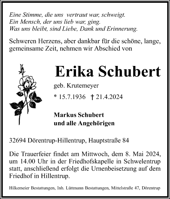 Anzeige  Erika Schubert  Lippische Landes-Zeitung