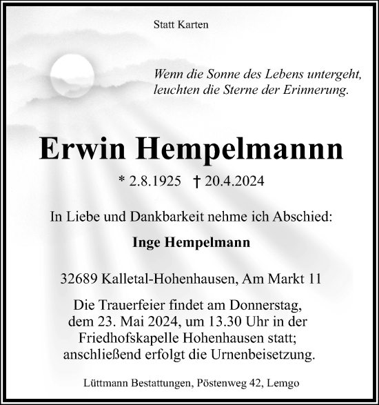 Anzeige  Erwin Hempelmannn  Lippische Landes-Zeitung