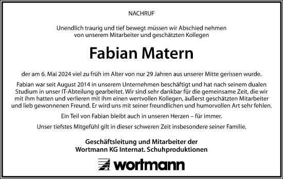 Anzeige  Fabian Matern  Lippische Landes-Zeitung
