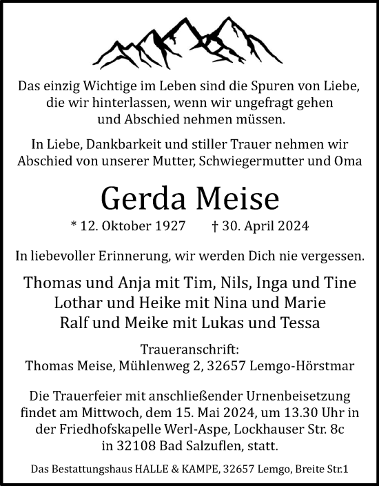 Anzeige  Gerda Meise  Lippische Landes-Zeitung