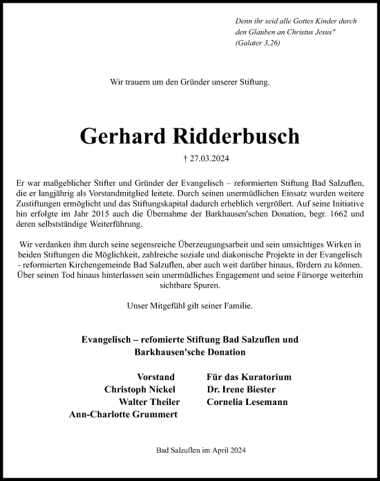Anzeige  Gerhard Ridderbusch  Lippische Landes-Zeitung
