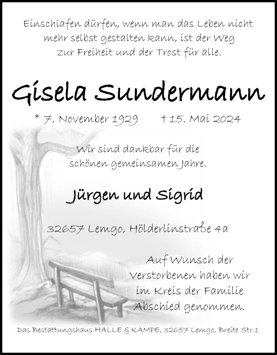 Anzeige  Gisela Sundermann  Lippische Landes-Zeitung