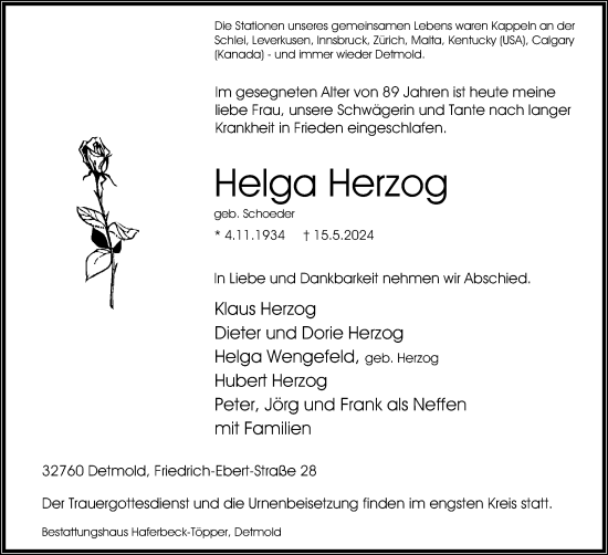 Anzeige  Helga Herzog  Lippische Landes-Zeitung