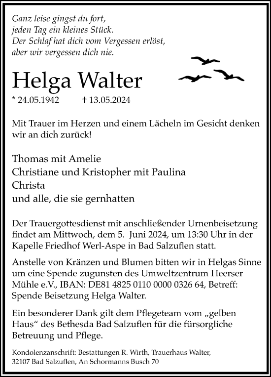 Anzeige  Helga Walter  Lippische Landes-Zeitung