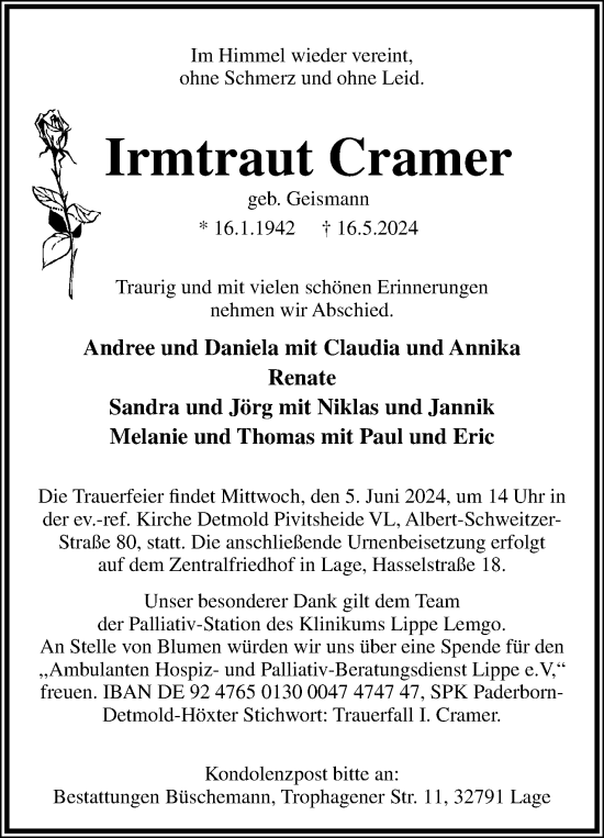 Anzeige  Irmtraut Cramer  Lippische Landes-Zeitung