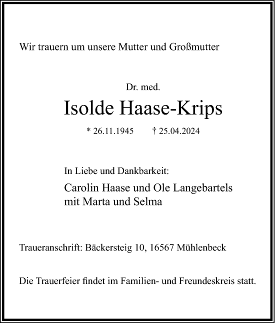 Anzeige  Isolde Haase-Krips  Lippische Landes-Zeitung