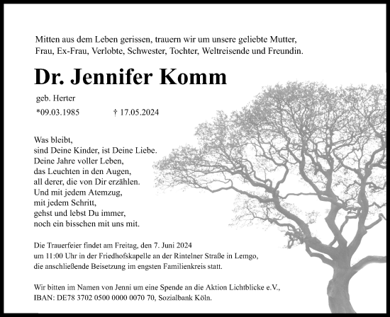 Anzeige  Jennifer Komm  Lippische Landes-Zeitung