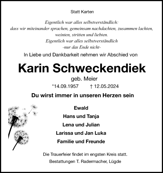 Anzeige  Karin Schweckendiek  Lippische Landes-Zeitung