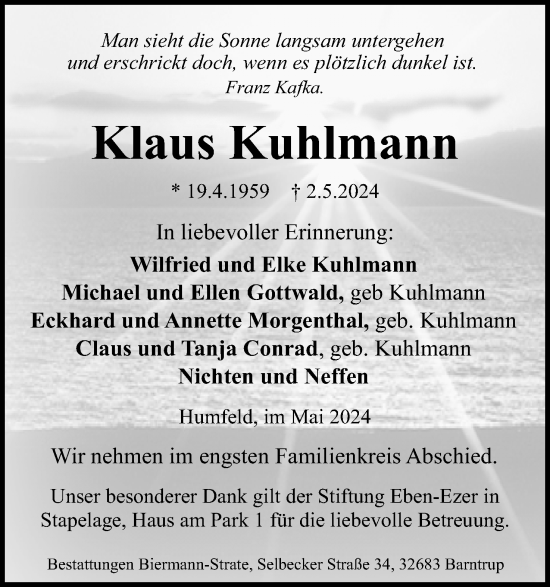 Anzeige  Klaus Kuhlmann  Lippische Landes-Zeitung
