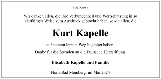 Anzeige  Kurt Kapelle  Lippische Landes-Zeitung