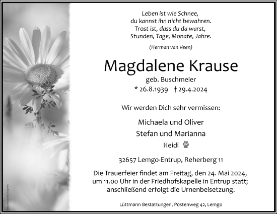 Anzeige  Magdalene Krause  Lippische Landes-Zeitung