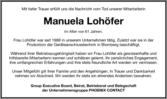 Anzeige  Manuela Lohöfer  Lippische Landes-Zeitung