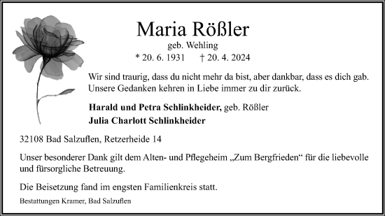 Anzeige  Maria Rößler  Lippische Landes-Zeitung