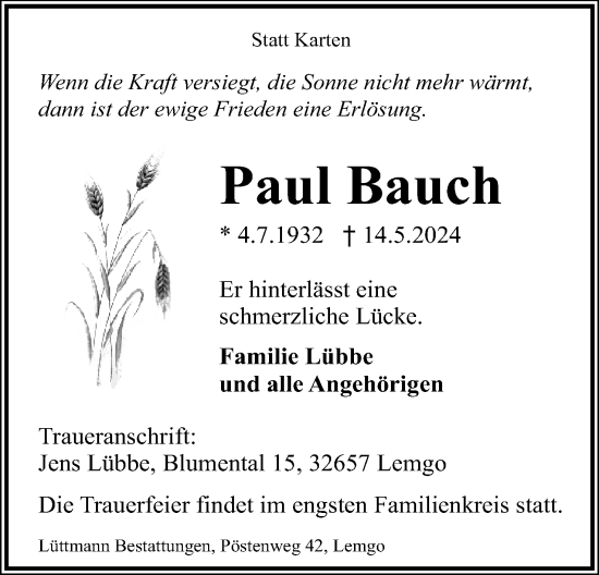Anzeige  Paul Bauch  Lippische Landes-Zeitung