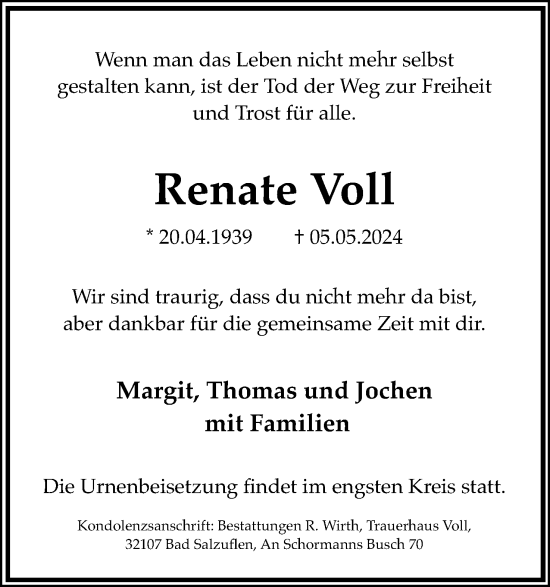 Anzeige  Renate Voll  Lippische Landes-Zeitung