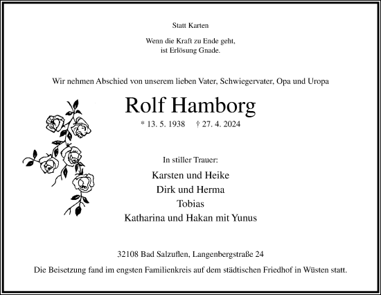 Anzeige  Rolf Hamborg  Lippische Landes-Zeitung