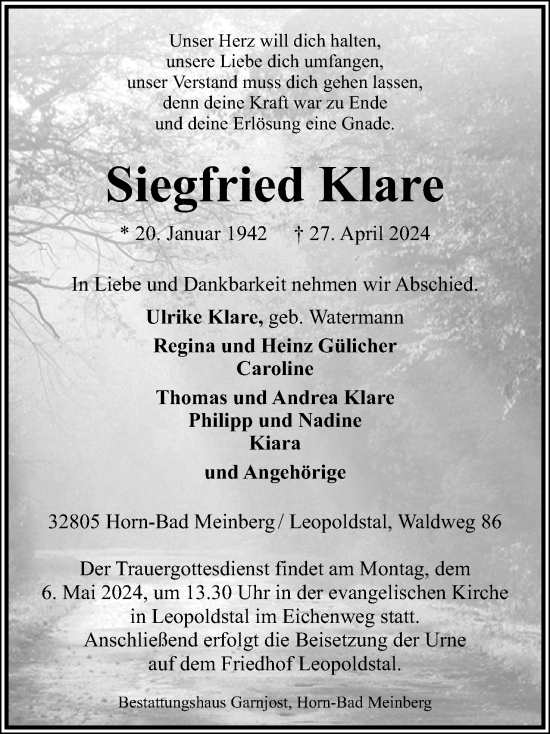 Anzeige  Siegfried Klare  Lippische Landes-Zeitung