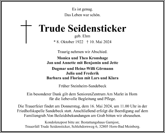 Anzeige  Trude Seidensticker  Lippische Landes-Zeitung