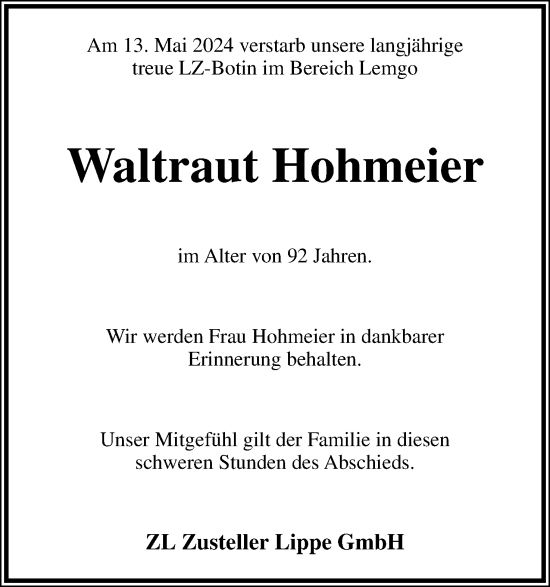 Anzeige  Waltraut Hohmeier  Lippische Landes-Zeitung