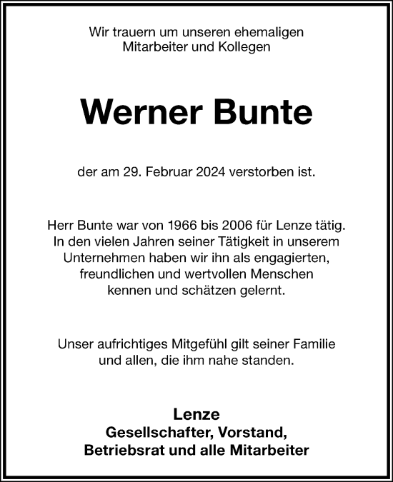 Anzeige  Werner Bunte  Lippische Landes-Zeitung