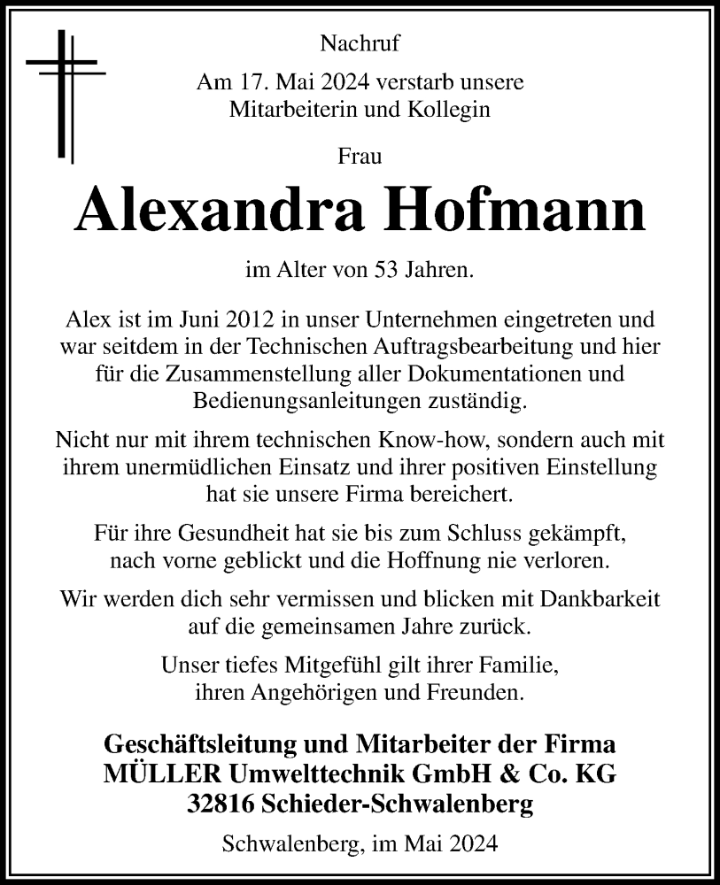  Traueranzeige für Alexandra Hofmann vom 01.06.2024 aus Lippische Landes-Zeitung